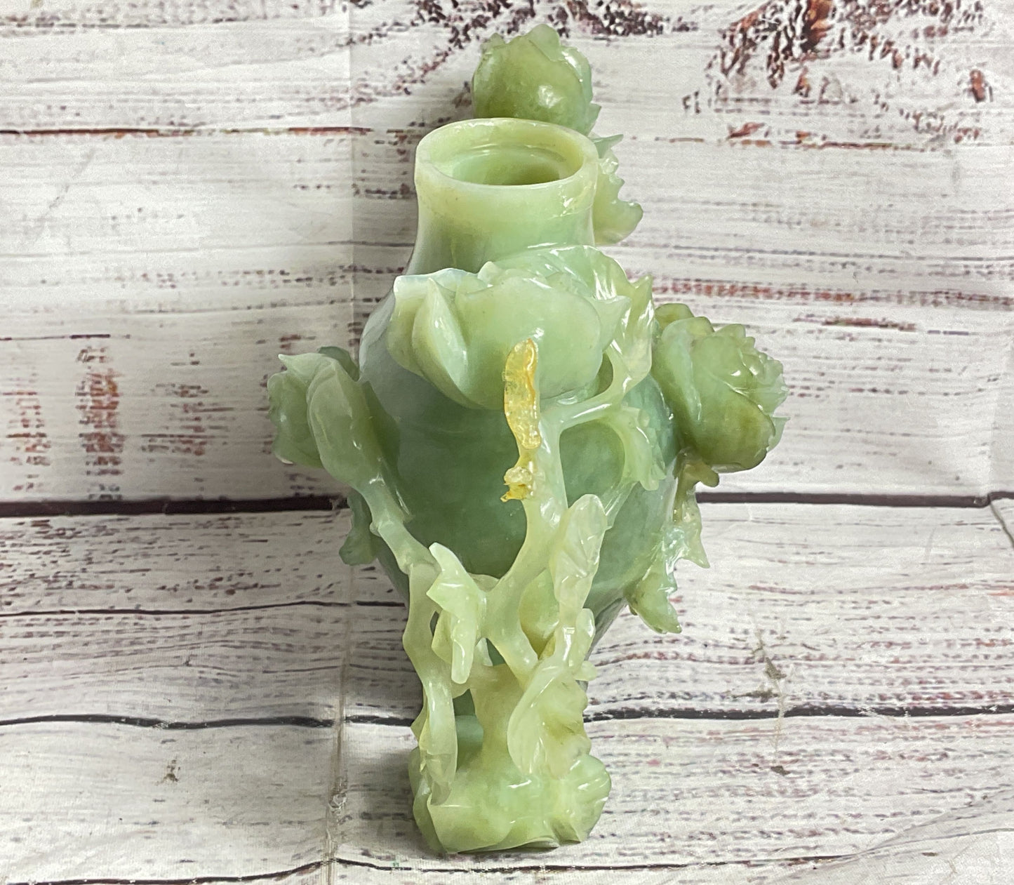 Vintage Chinese Rose Carved Natural Stone Jar Green