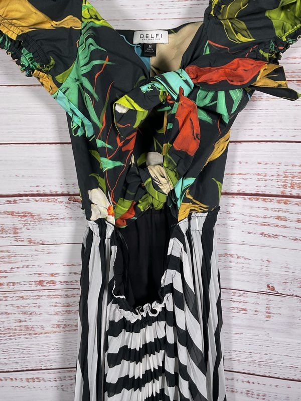 DELFI Collective Katy Dress Tropical Floral Cut Out Tie Front Pleated Size M