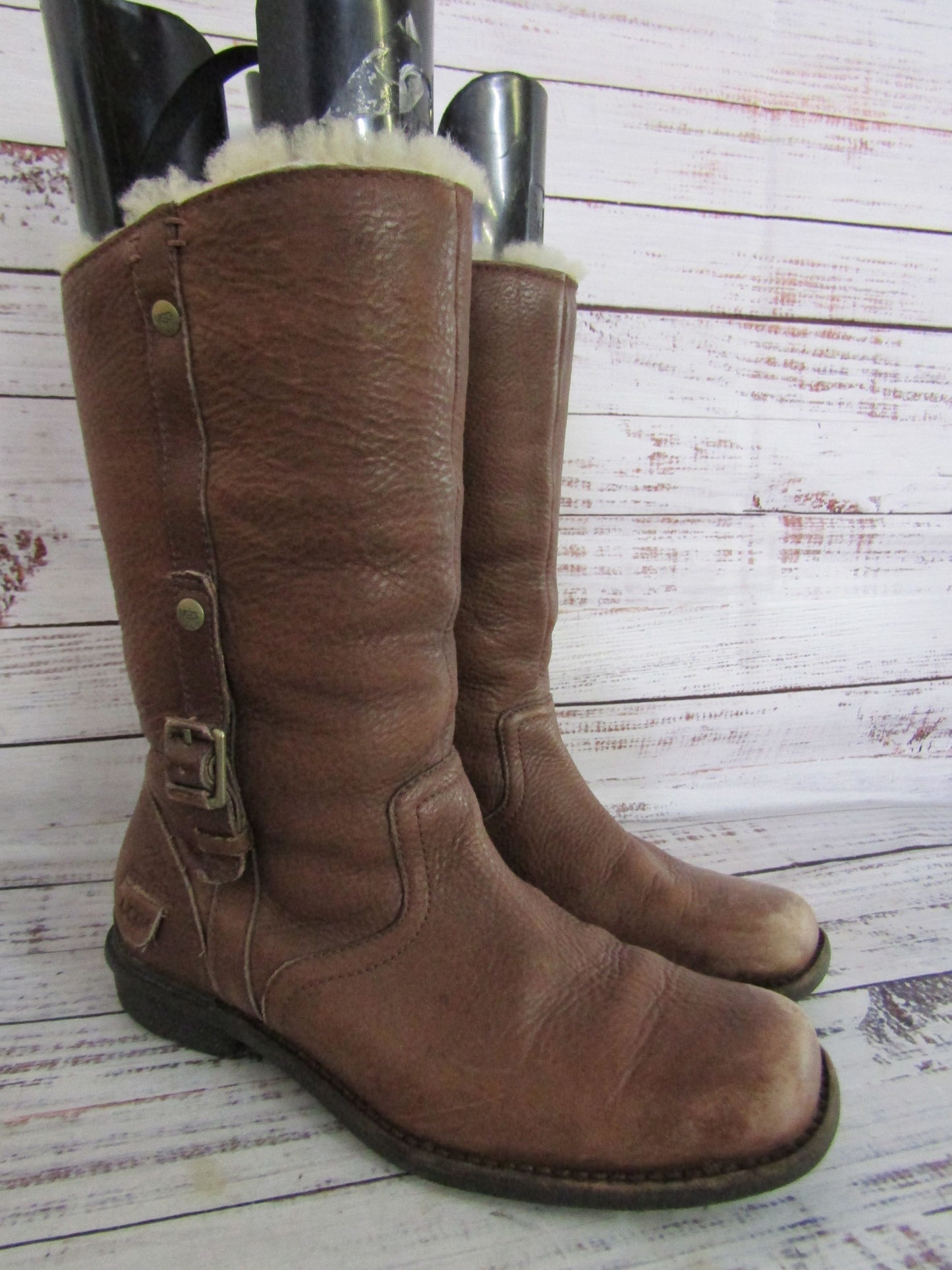 UGG Bellevue Women's Brown Leather Mid-Calf Shearling Boots Size 7