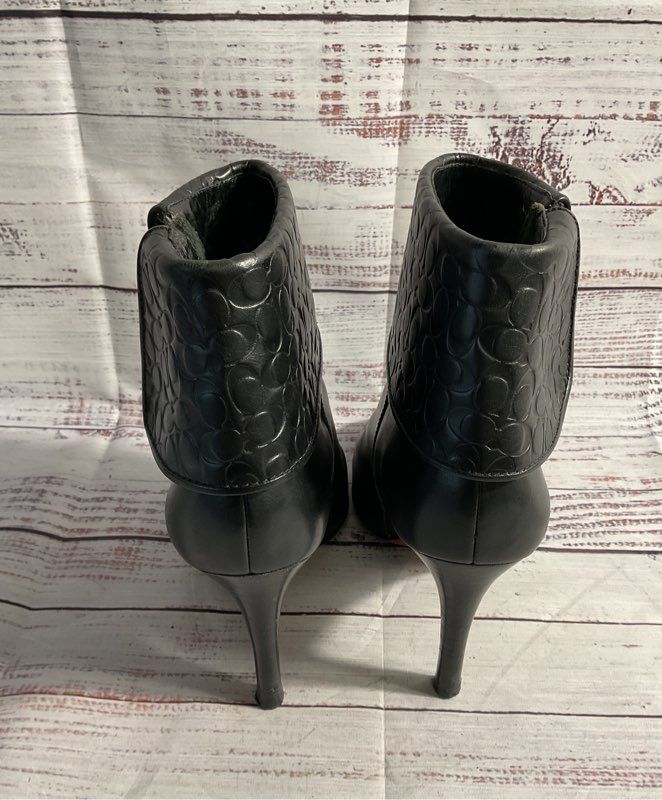 Coach Mackenna Size 8 B High Heel Booties Boots Embossed Cuff Leather Black