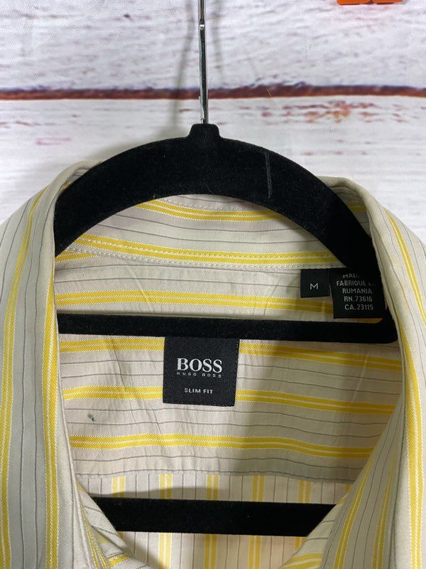 Hugo Boss Slim Fit Yellow & Gray Striped Long Sleeve Button Shirt Size M