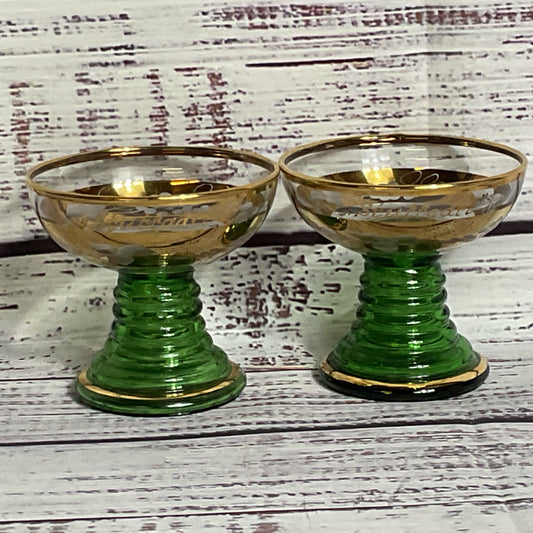 Set of 2 VTG. STUTTGART & ALTENSTEIG Green Gold Trim Cordial Glasses- 2.5"