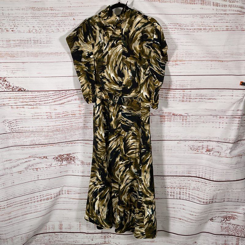 Proenza Schouler PF20 Black/Tan Abstract Swirl 3/4 Sleeve Midi Dress - Size 9