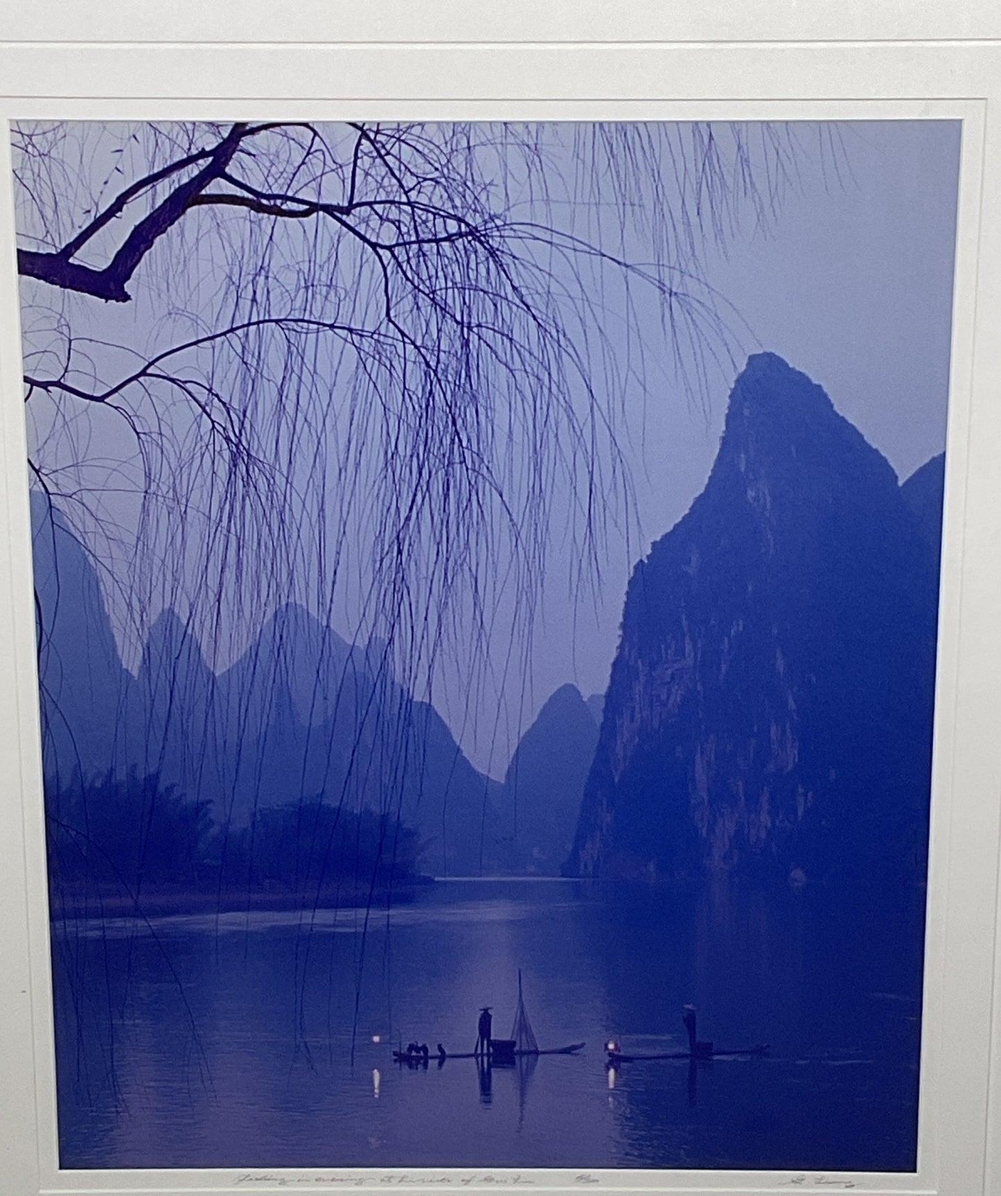 Fishing in the Evening at Li River of Gui Lin Signed by Guo Ji Liang Framed