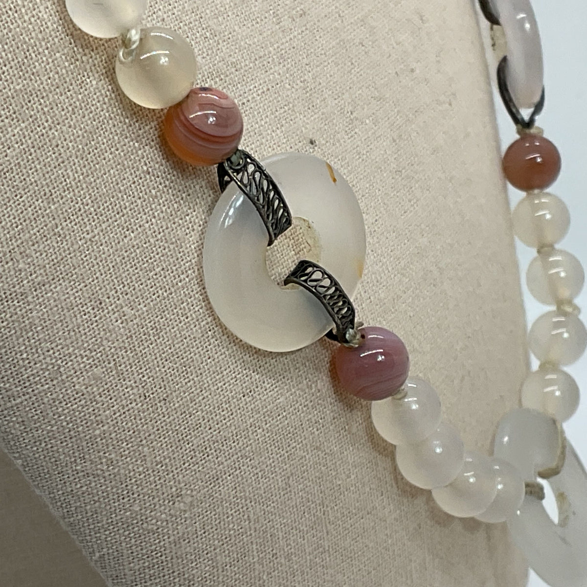 VTG. Sterling Silver Jade Beaded Necklace- 28.5"