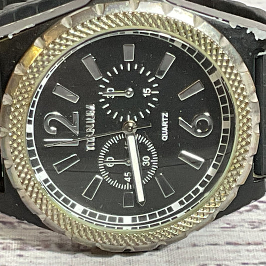 TITANIUM Men's Silver Tone 46mm Quartz Watch with Black Silicone Band