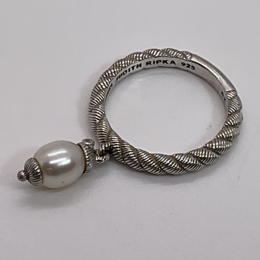 JUDITH RIPKA Sterling Silver Rope Band Pearl Dangle Charm SZ 8 Ring- 4.14g