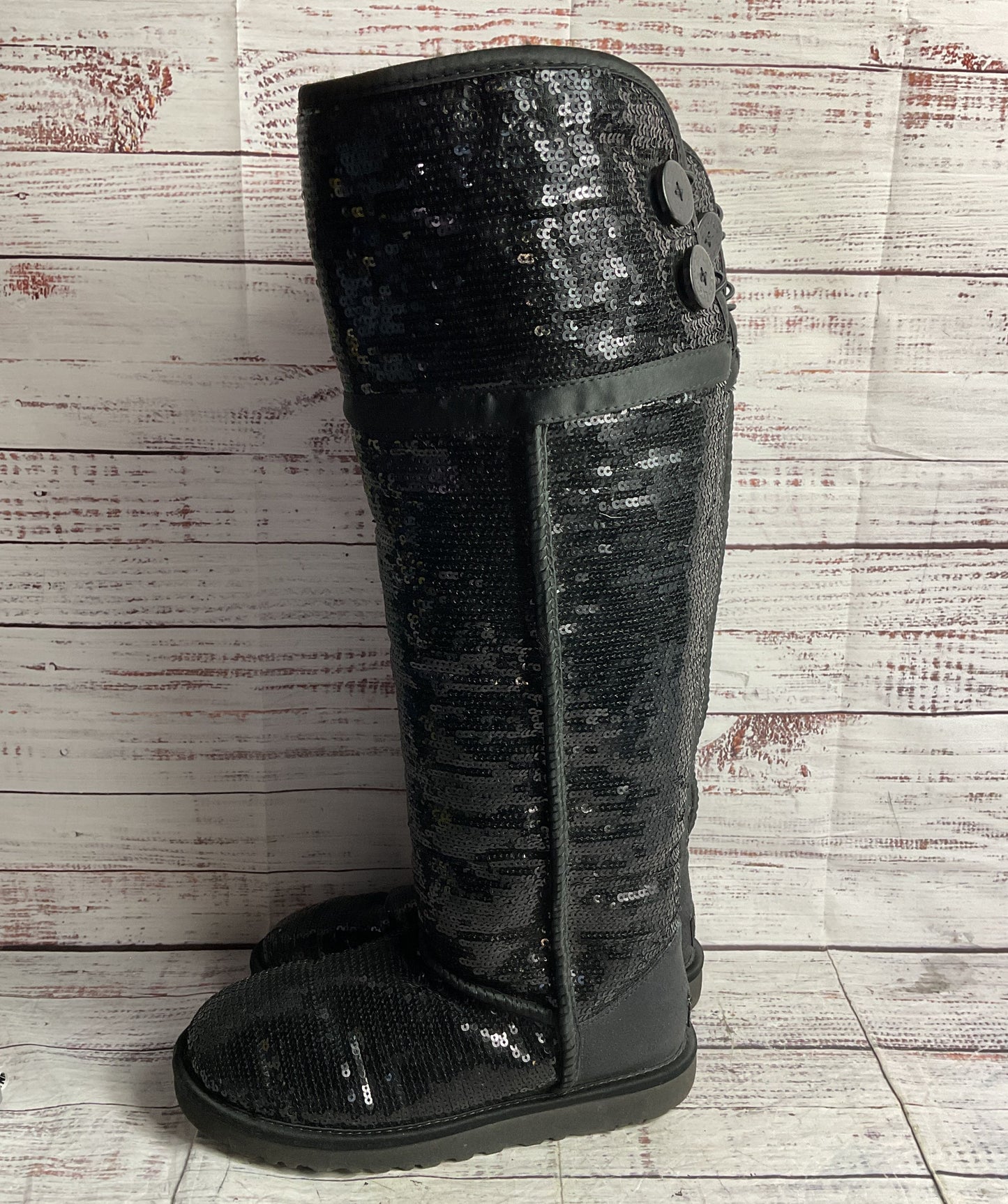 UGG Over The Knee Bailey Button Sequin Slip On Boots Black 6
