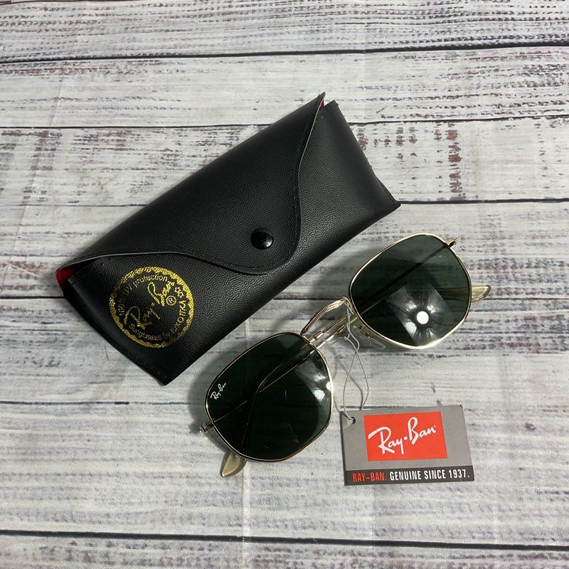 NWT Ray-Ban Hexagonal Green Lens Polished Gold Frame Sunglasses w/ Case