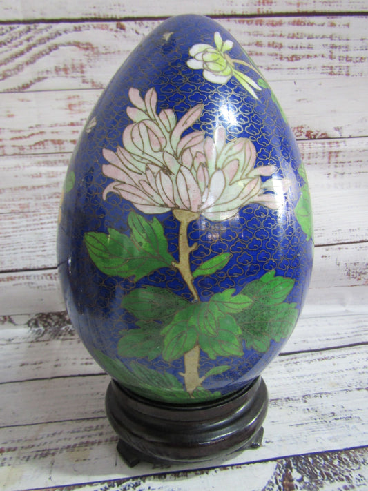 Vintage Chinese Brass Cloisonne Enamel Floral Decorative Egg Figurine