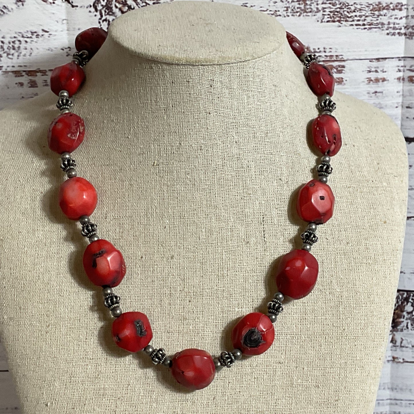 Sterling Silver Beaded Bold Chunky Red Coral Necklace- 24"