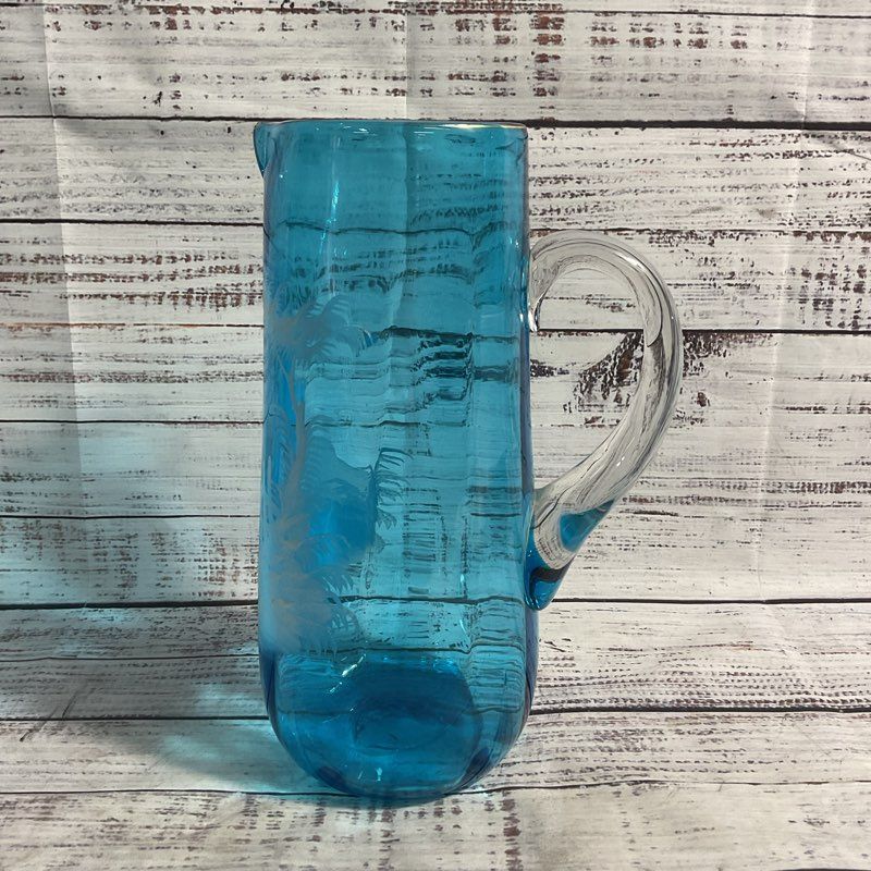 VTG. Mary Gregory Hand Painted Blue Glassware Pitcher & Cups 5 Pc. Set