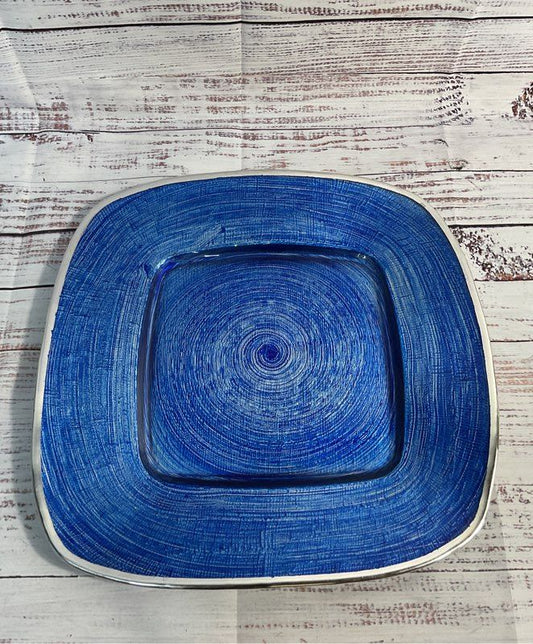 Dogale By Greggio Blue Spiral Square Bent Glass Plate 12.5"
