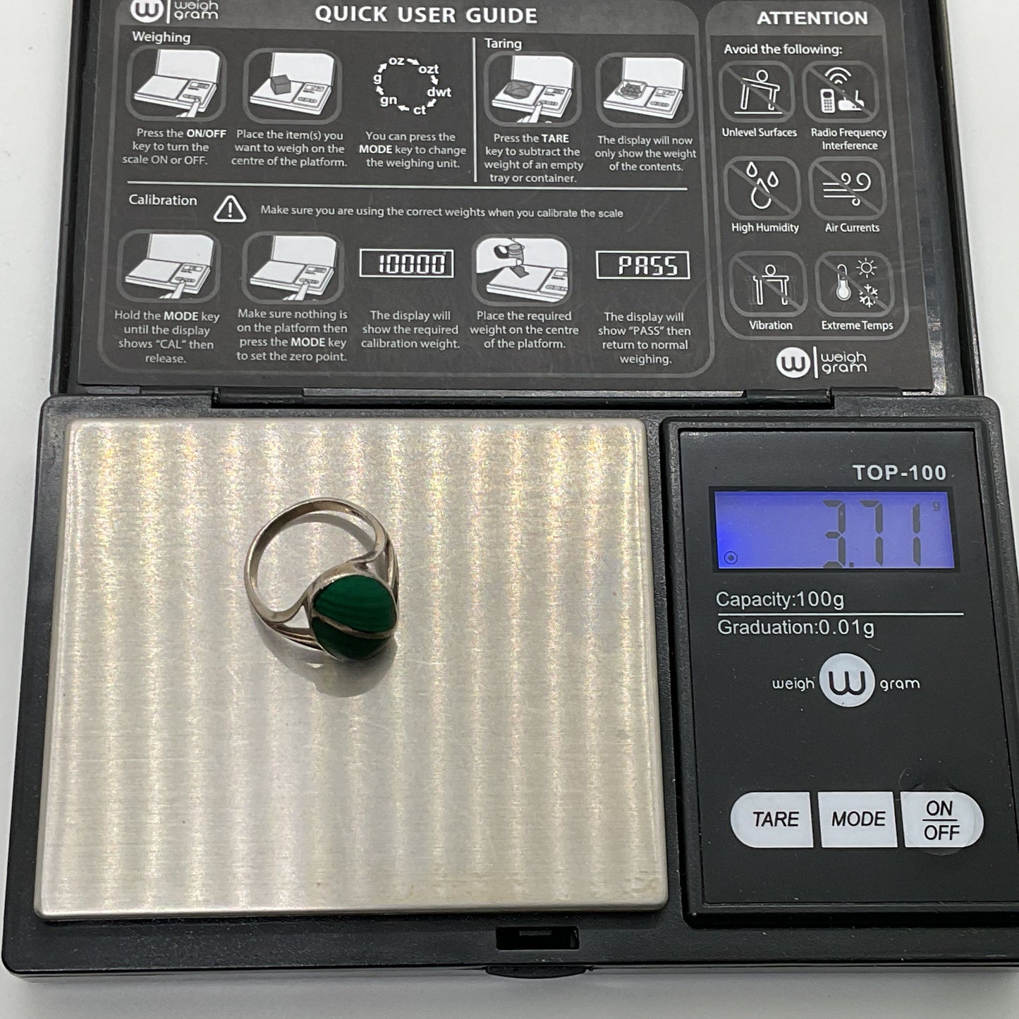 Sterling Silver & Oval Malachite Caged SZ 6.25 Ring- 3.71g