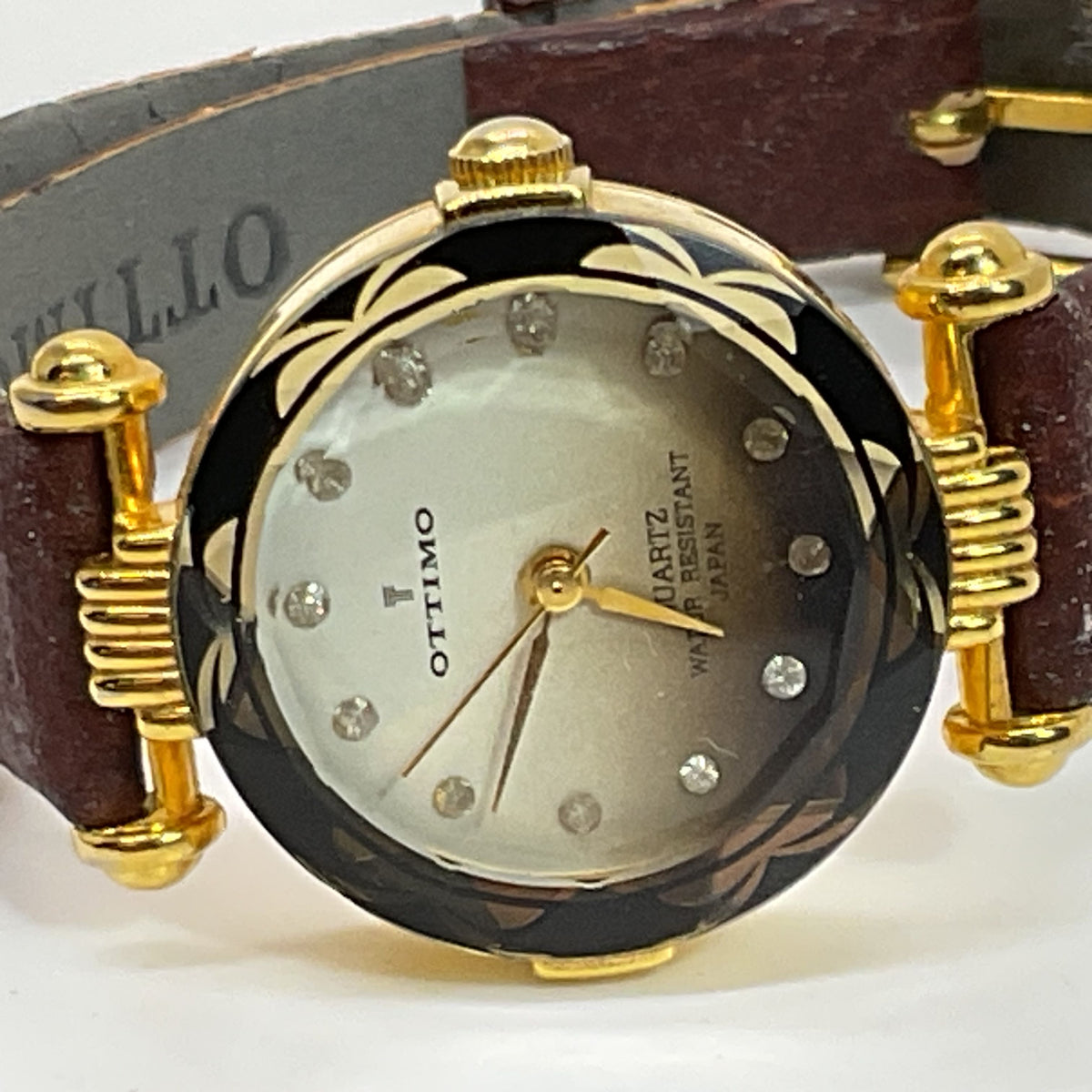 VTG. OTTIMO 18K Plated Ladies Watch with Brown Leather Band- NEEDS BATTERY