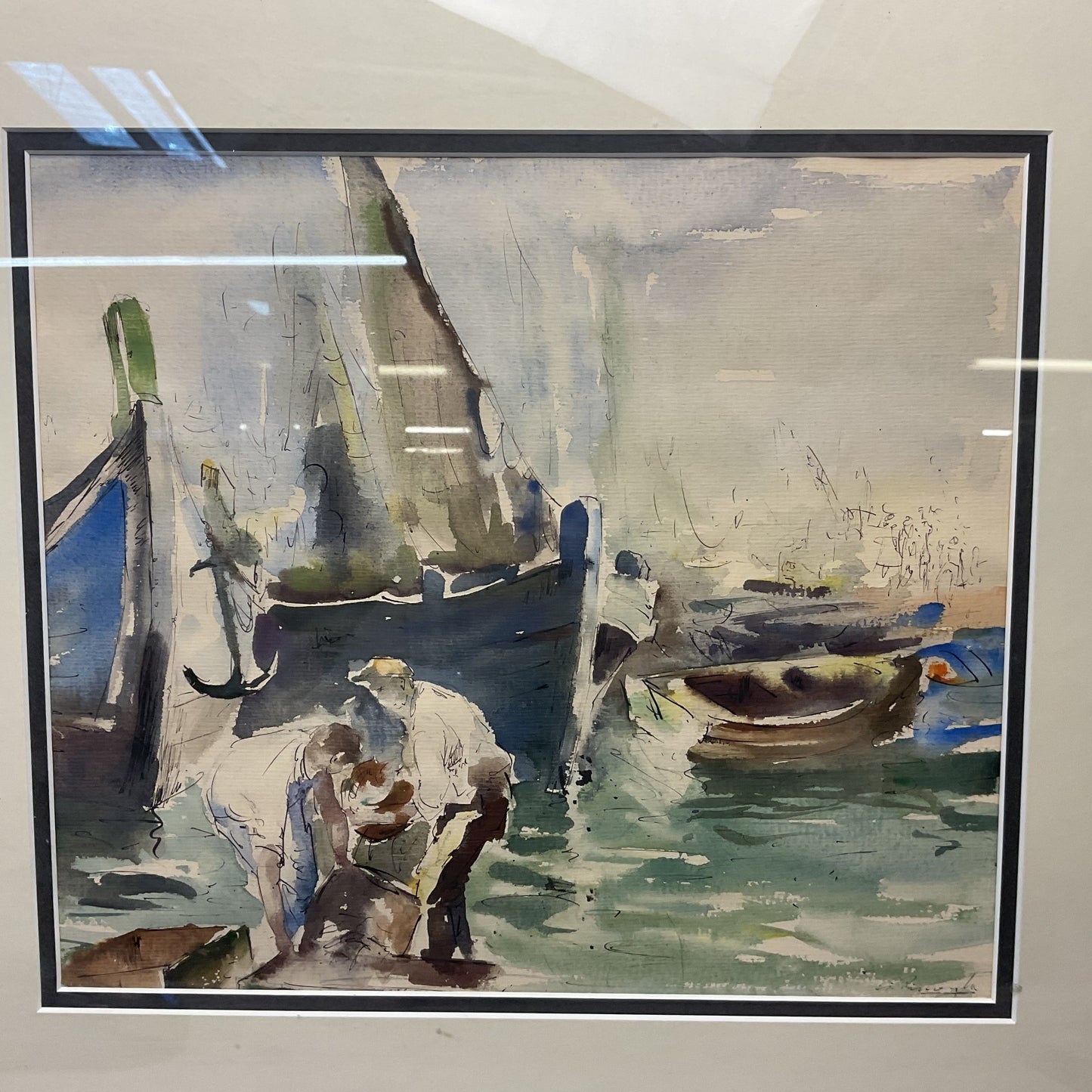 Fishermen Standing Working in Front of Boats Watercolor by G. Pimenta? Signed.