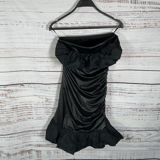 Pinko Black Faux Leather Ruffle Trim Strapless Mini Dress - Size 2