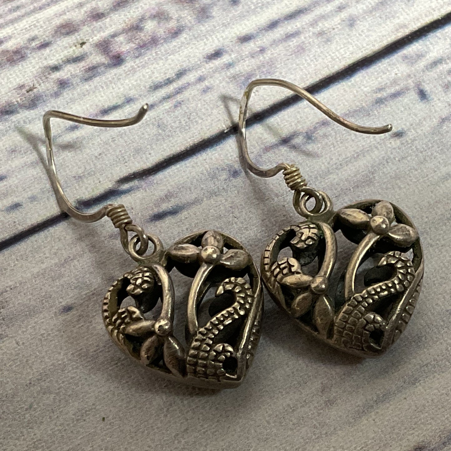 Sterling Silver Pierced Heart 1.25" Dangle Earrings- 7.08g