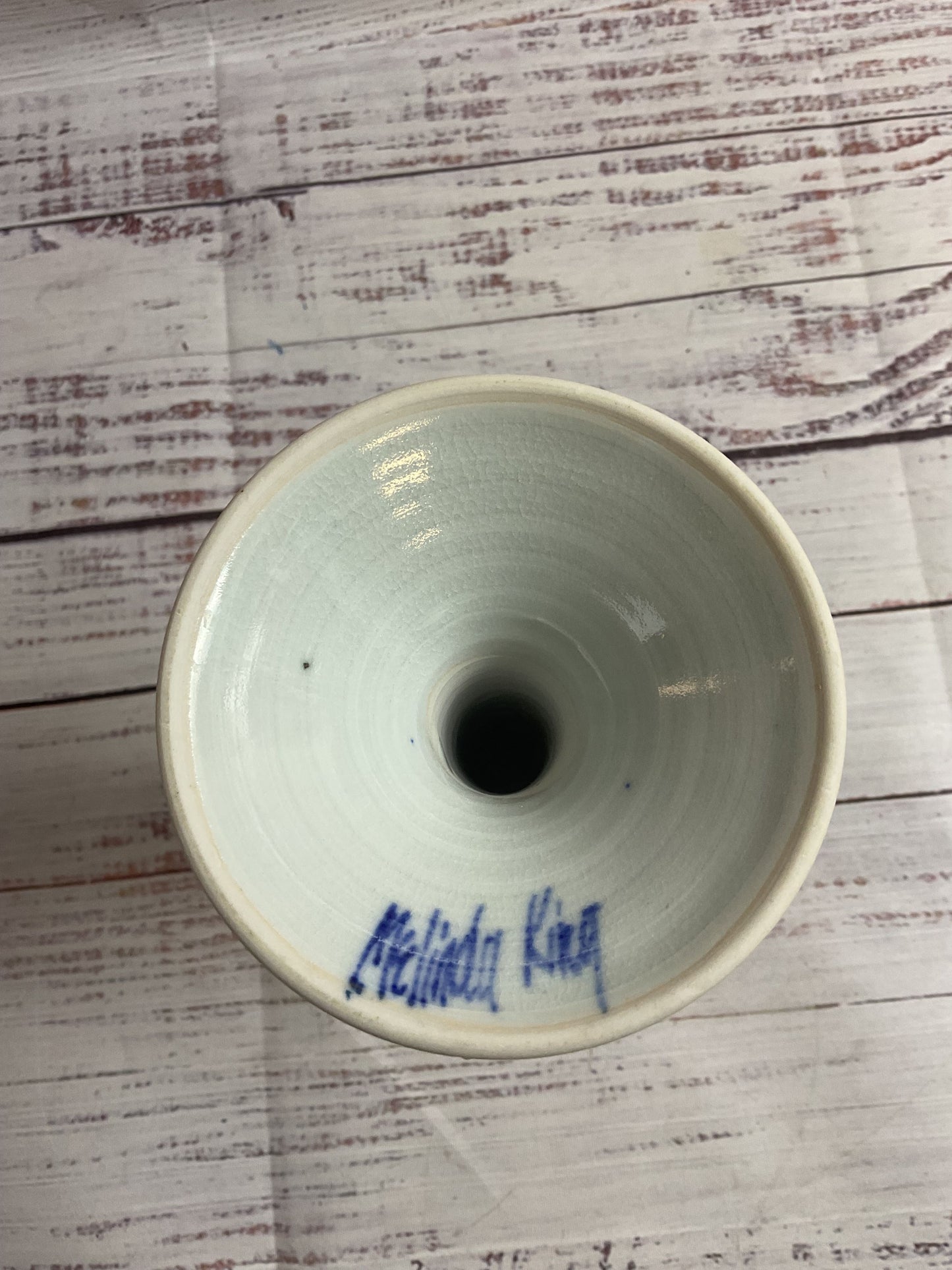 White Pink Goblet Vase Signed Melinda King