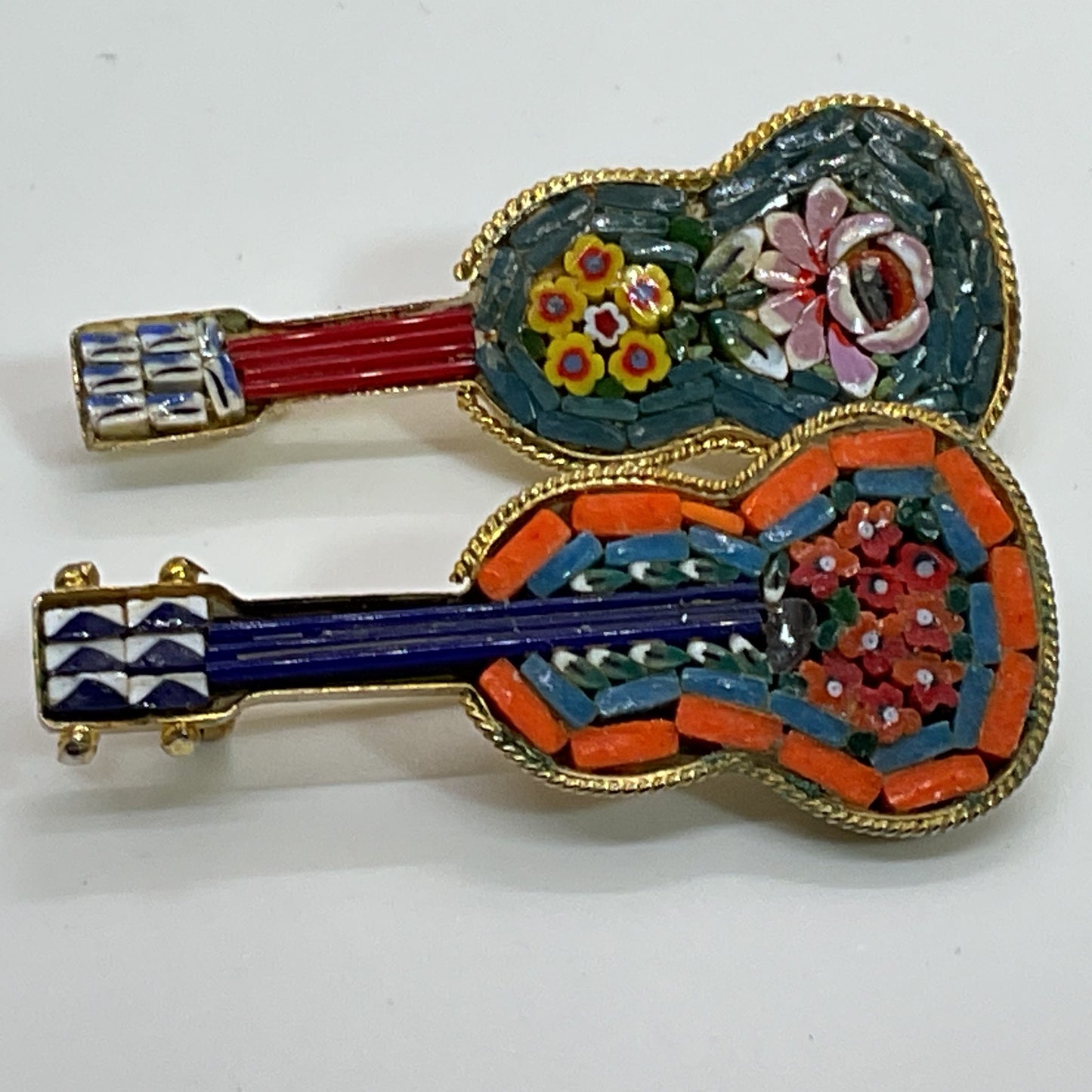 Set of 2 Italy Brass Mosaic 1.75" Guitar Brooches
