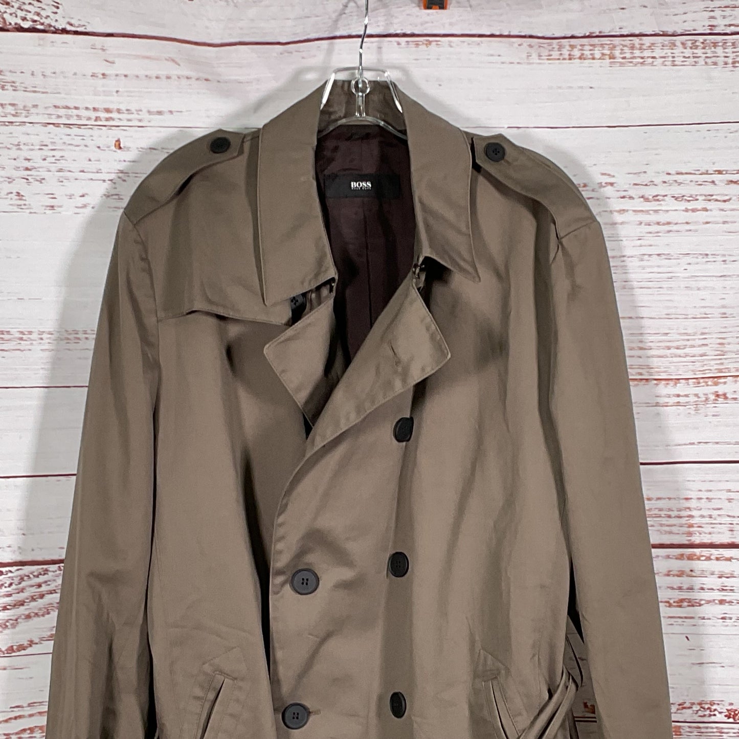 VTG. BOSS Men's Brown Double Breasted Water Repellent Trench Coat- SZ 44R