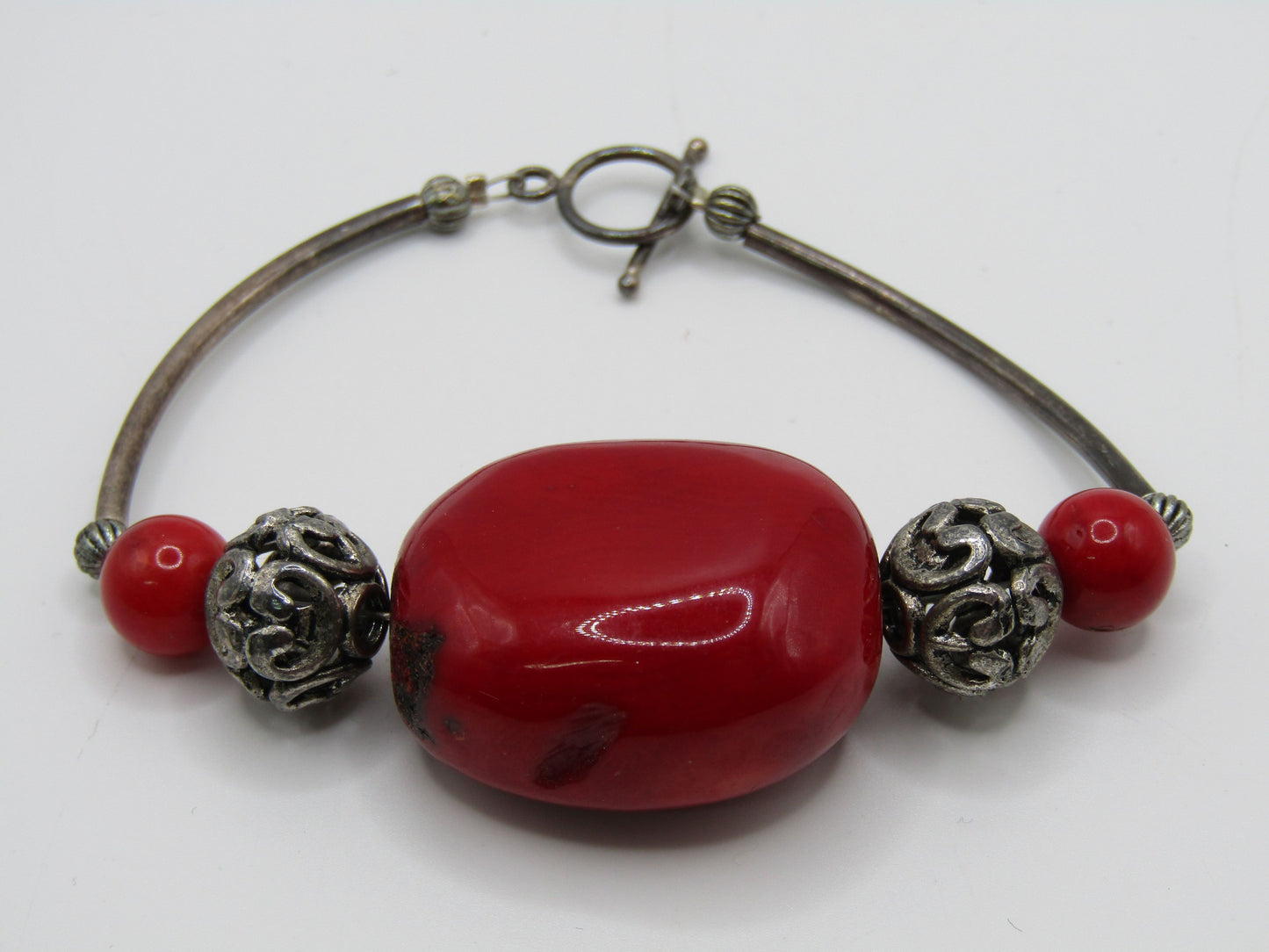 6" Red Coral Sterling Silver Clasp Toggle Bracelet