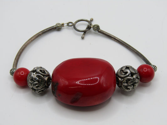 6" Red Coral Sterling Silver Clasp Toggle Bracelet