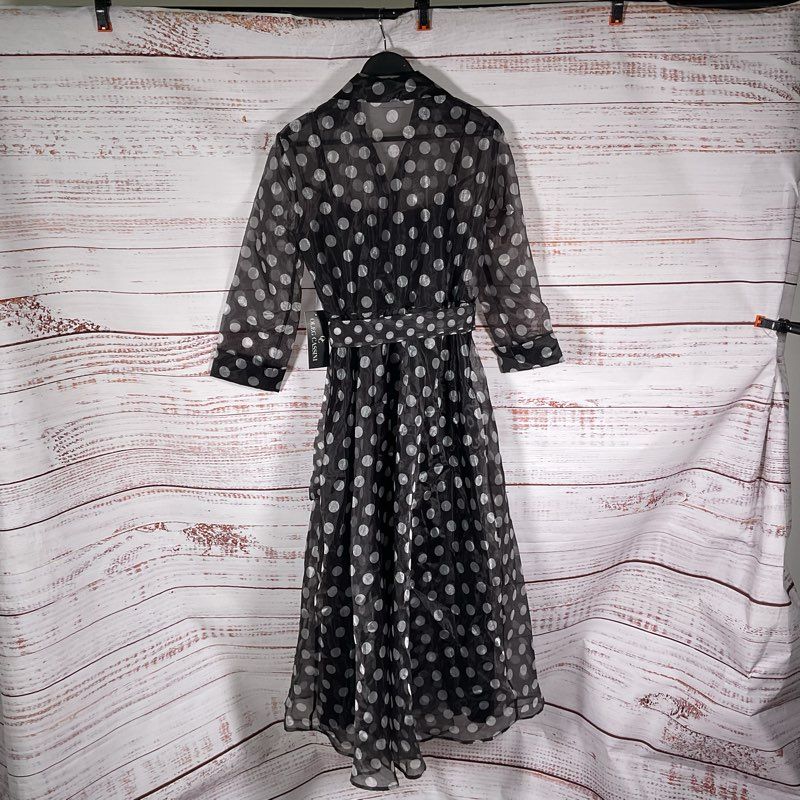 Oleg Cassini Black & Gray Polka Dot Sheer Belted Shirt Dress Size S w/ Slip