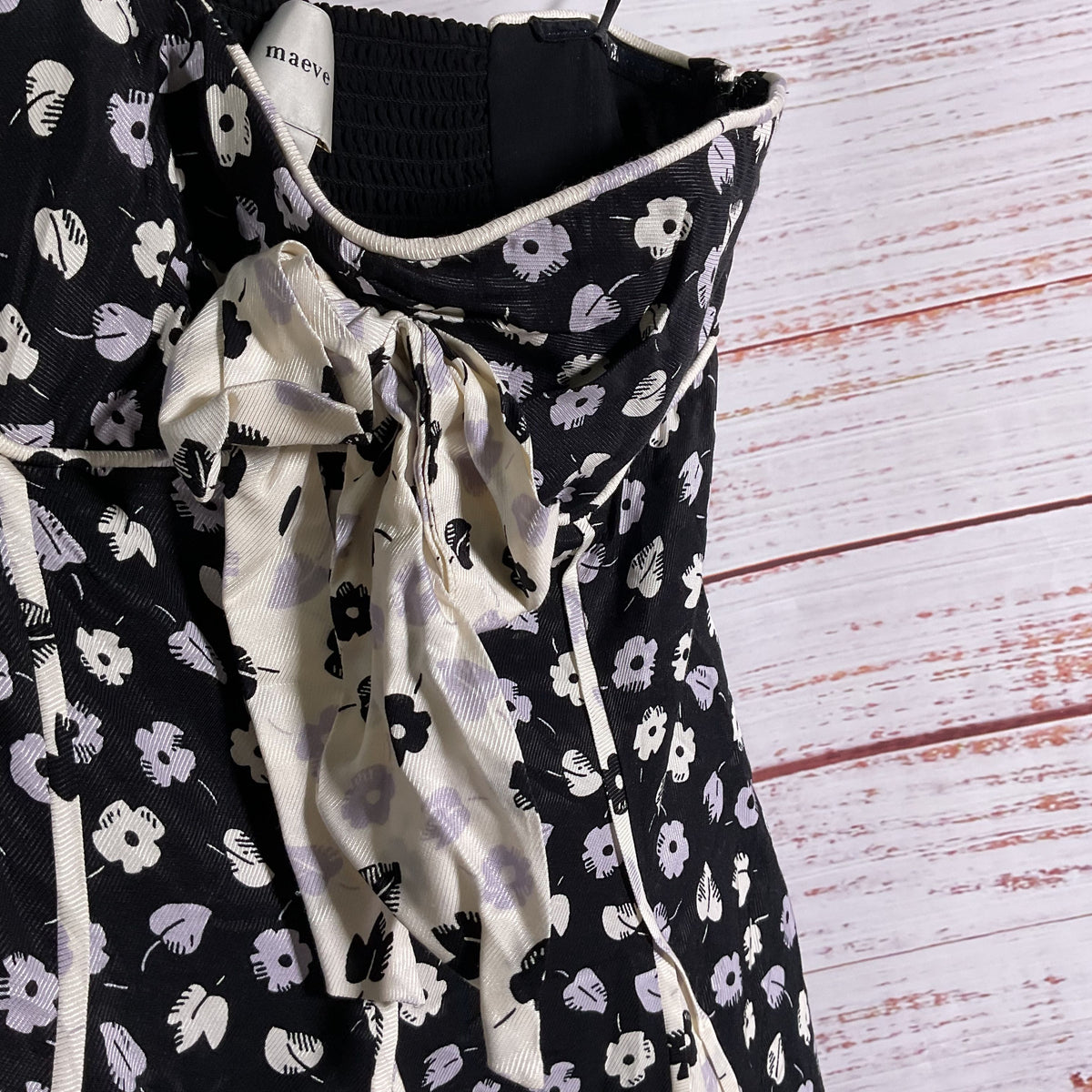 Maeve Anthropologie Black White Floral Pattern Bow Strapless Dress Size XS New