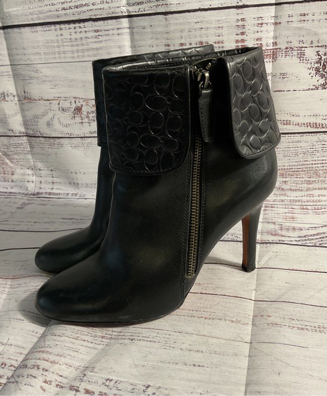 Coach Mackenna Size 8 B High Heel Booties Boots Embossed Cuff Leather Black