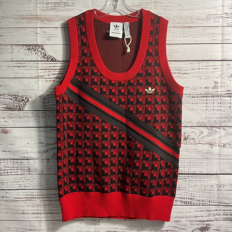 Adidas Wales Bonner Red Geometric Pattern Knit Scoop Neck Sweater Vest sz Small
