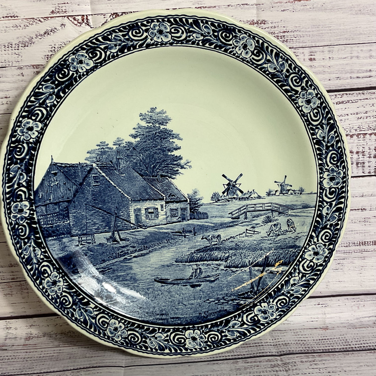 ANTIQUE DELFTS Boch Belgium Cottage & Windmills Wall Plate - 15.75"