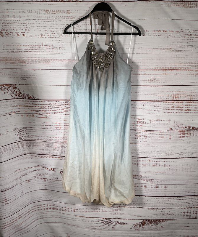 NWT ABS by Allan Schwartz Blue/Beige Ombre Silk Dress Size 14