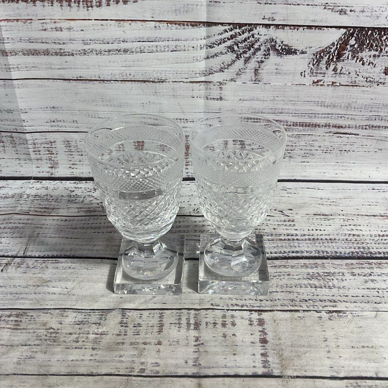 Pair of Kosta Boda Kent Cut Crystal 5" Square Base Goblet Wine Glasses