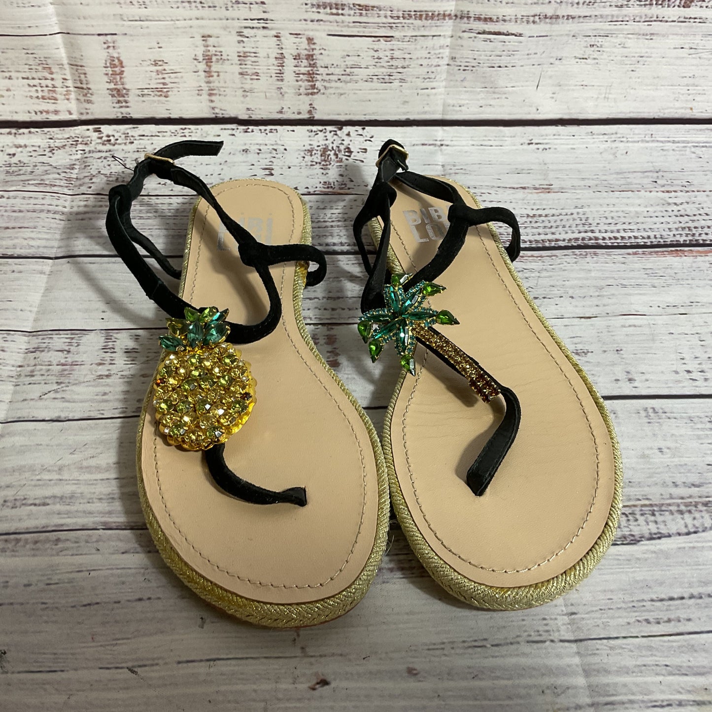 BIBI LOU Women's Black Palm Tree Pineapple Rhinestone Thong Sandals- SZ 37