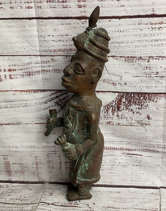 Vintage African Benin Nigerian Style 11" Sculptural Figurine Bronzed