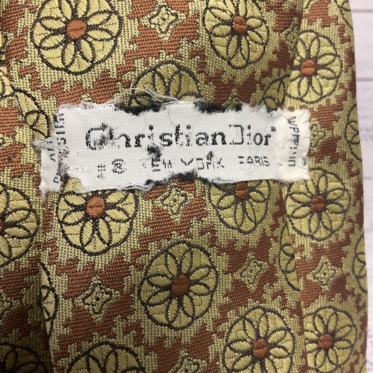 Christian Dior Yellow Flower Pattern Silk Neck Tie - Size 54"