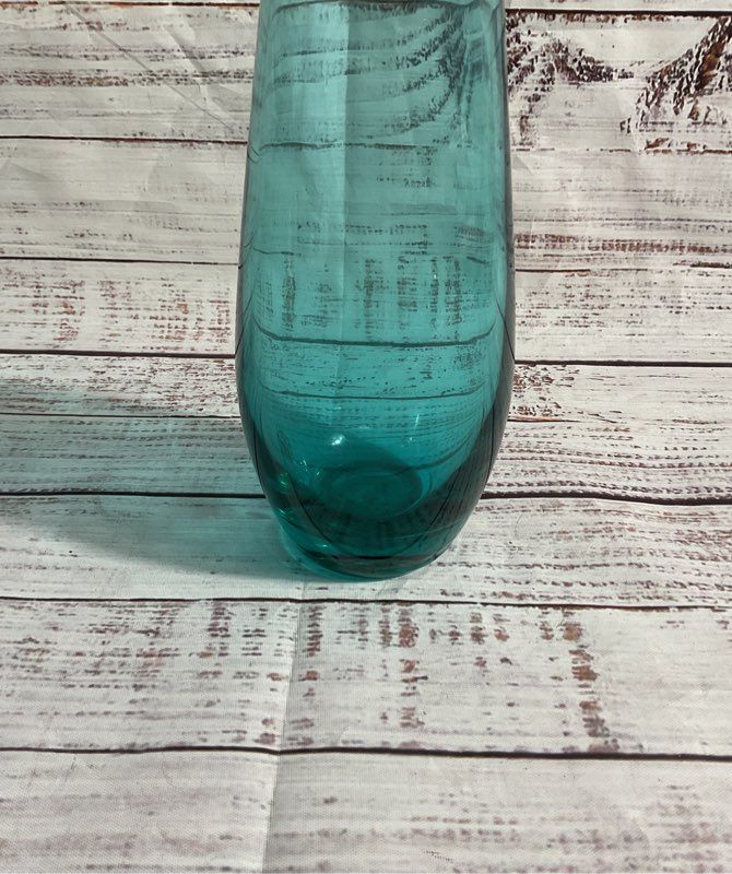 Contemporary Hand Blown Bent Neck Pontil Blue Art Glass Vase MCM Style 13” Tall