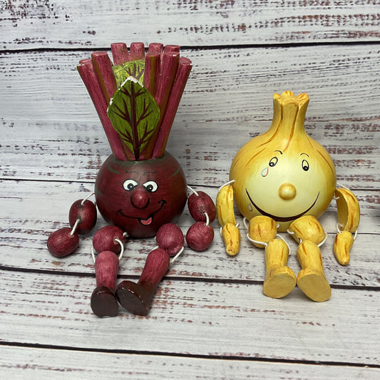 Woodkins By Linda Beet Onion Avocado Chili Pepper Wooden Painted Figurines