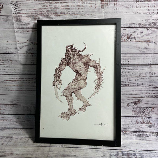 Demonic Horned Flesh Monster 19" Framed Print Signed K