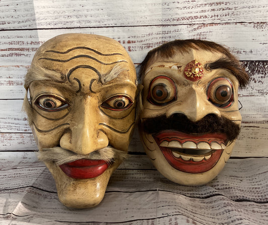 Vintage Asian Wooden Theater Set of 2 Masks Multicolor