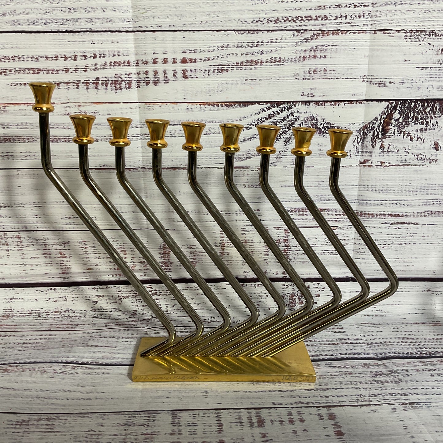 VTG. Mid Century KARSHI 24K Gold Plated and Stainless Steel Menorah- 8" x 9.5"