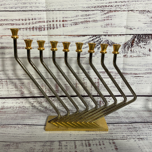 VTG. Mid Century KARSHI 24K Gold Plated and Stainless Steel Menorah- 8" x 9.5"