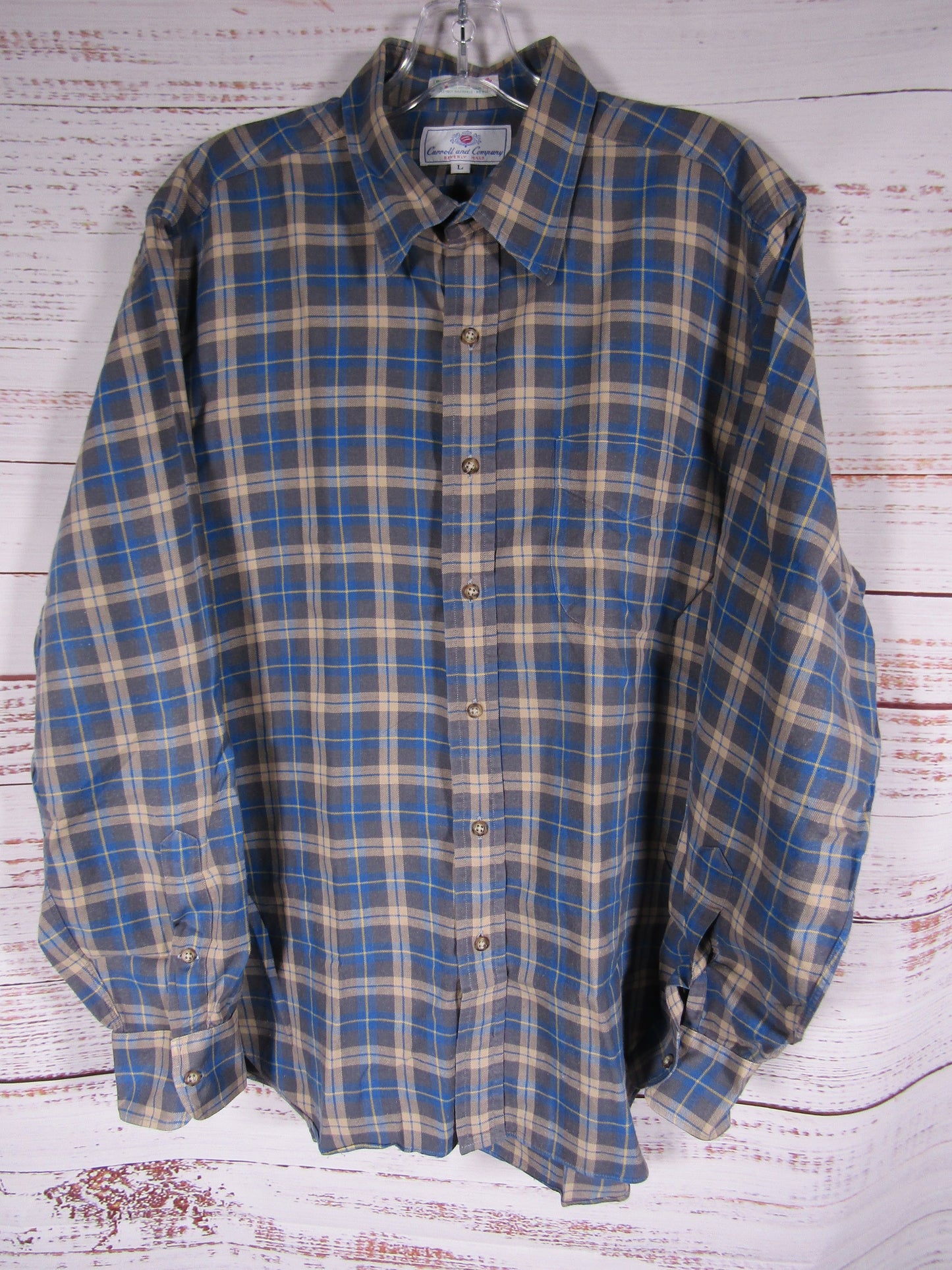 Vintage Carroll & Co. Men's Blue Plaid Button Down Shirt Size L