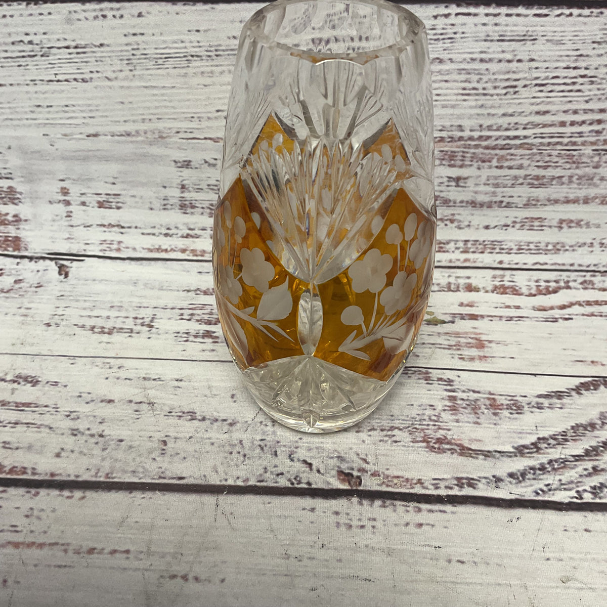 Vintage Hand Cut Lead Crystal Clear Amber Glass Flower Poland 5" Small Vase