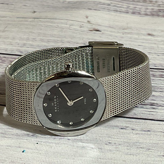 SKAGEN 589SSSB Women's Silver Tone Mesh Black Dial Rhinestone Watch