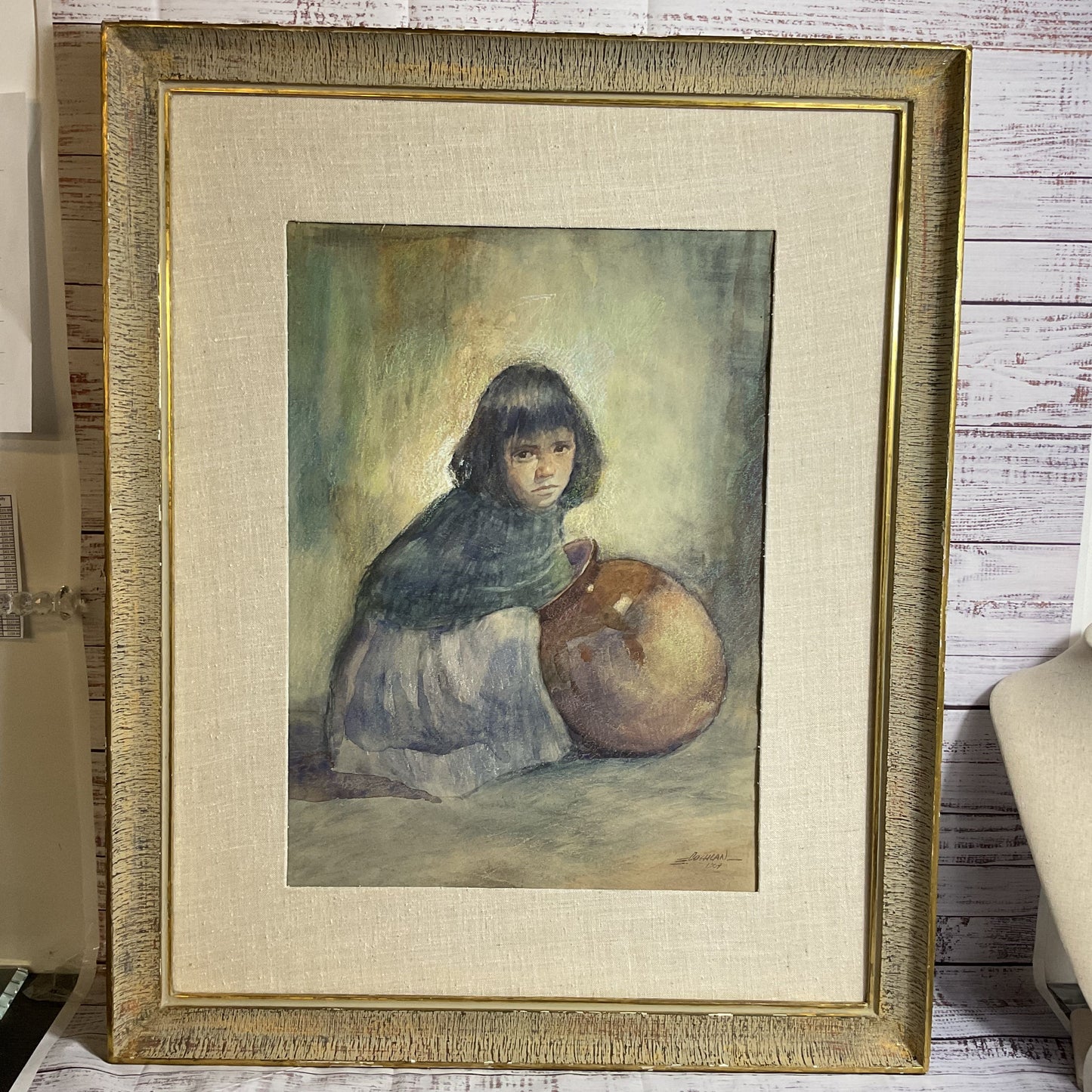 Signed VTG. 1976 Orig. EDGARDO COCHLAN "Girl with Pottery" Watercolor Painting
