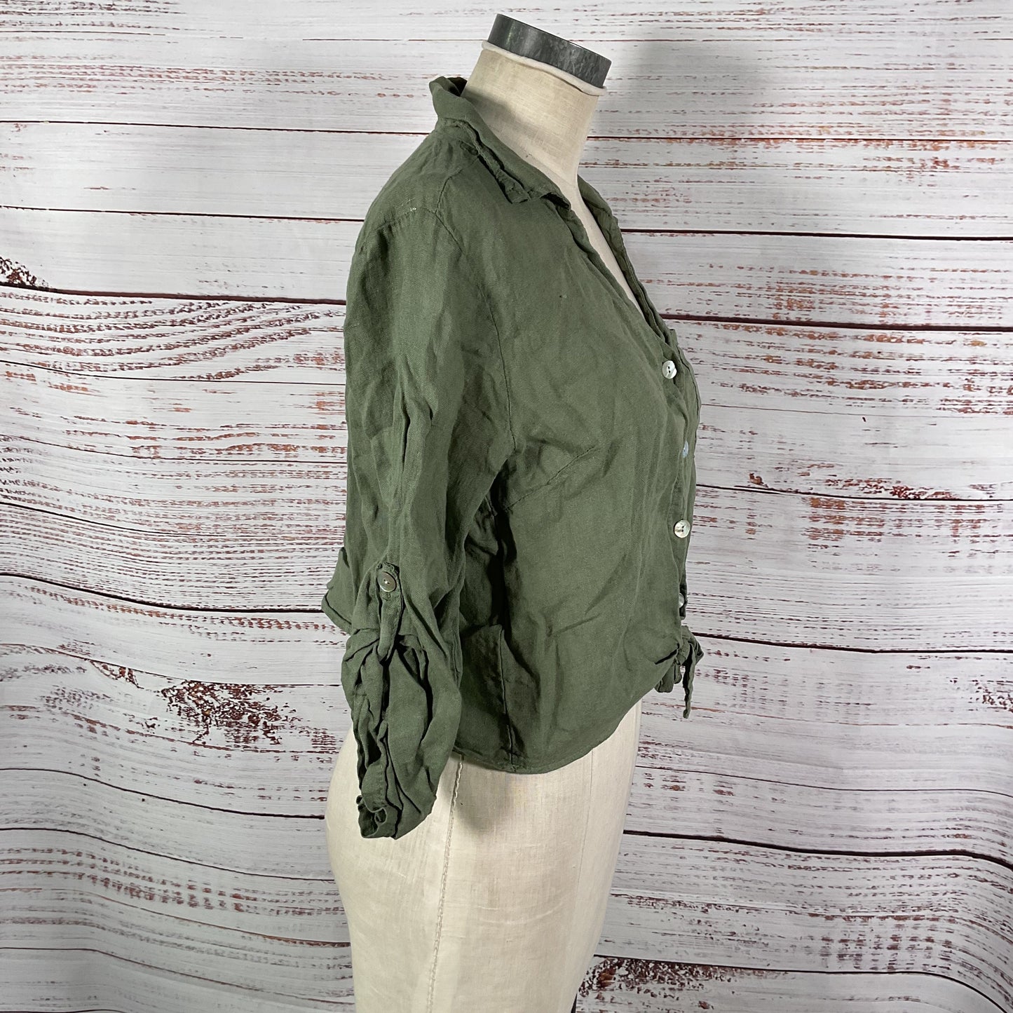 Meo Meli Green Linen Button Up Front Tie Blouse Top