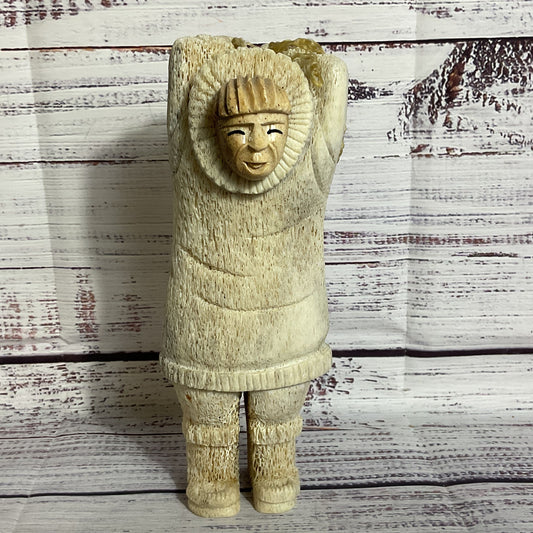 RICHARD OLANNA Carved Whalebone Eskimo Figurine Sculpture- 7.25"