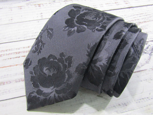 Ted Baker Men's Gray Black Rose Print Silk Slim Tie